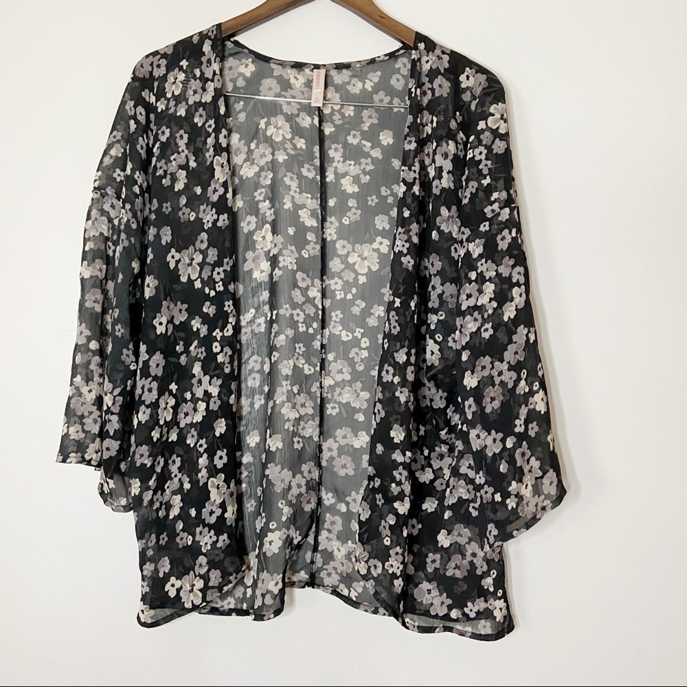 Boho Kimono Jacket Open Front Sheer Floral Long 3/4 Sleeve Size Medium